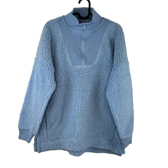 NWT Aerie Dream Sherpa Quarter Zip Pullover Sweatshirt Cornflower Blue Small - Picture 1 of 6